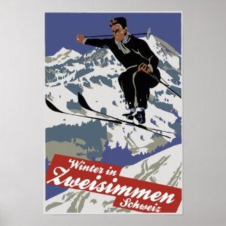 Poster Inverno em Zweisimmen, vintage ski viagem ad