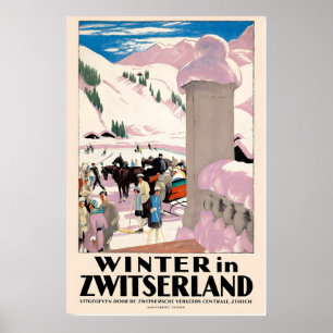 Poster Inverno na Suíça Zurique Cartaz de Viagem Vintage