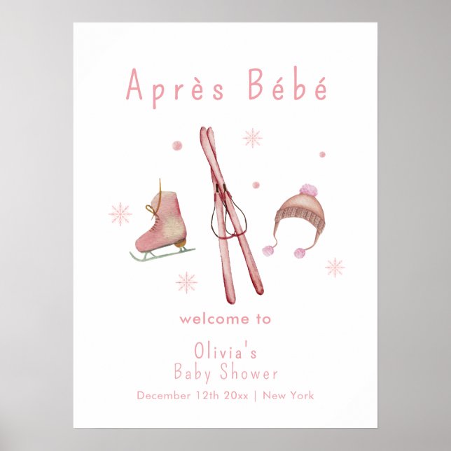 Poster Inverno Rosa Após Bebê Esqui Bem-vindo ao Chá de B (Frente)