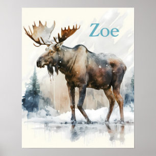 Poster Inverno Vibes Watercolor Moose - Crianças