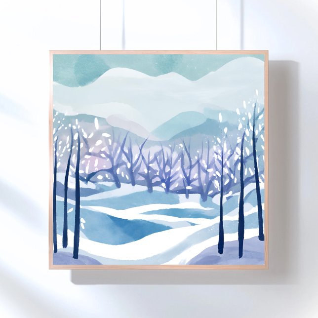 Poster Inverno Wonderland Snowy Blue Watercolor Pintura (Criador carregado)
