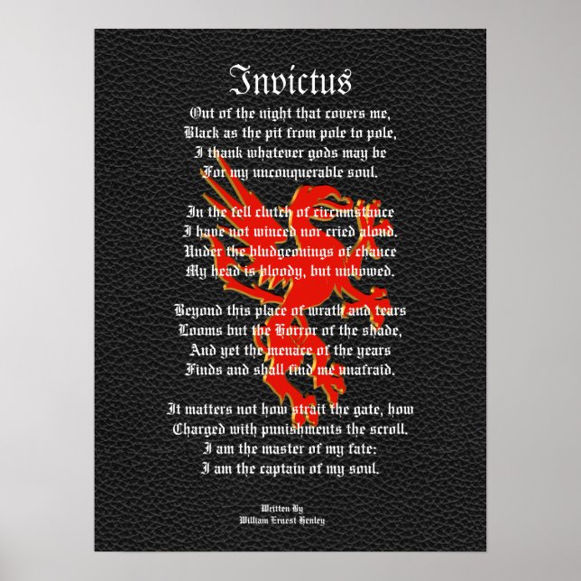 Pôster Invictus, poema inspirador negro com griffon (Frente)