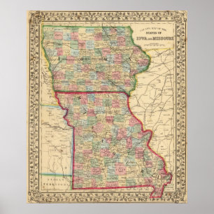 Pôster Iowa, Missouri Map by Mitchell