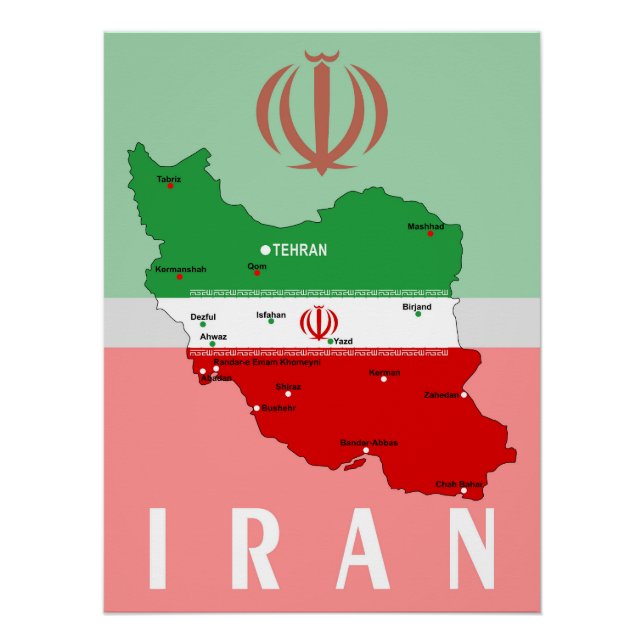 Pôster Iran Map with Flag and Emblem (Frente)