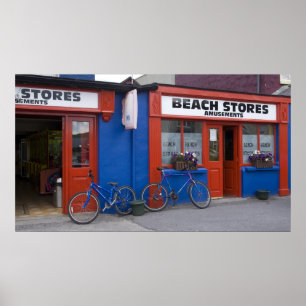Poster Ireland, Strandhill. Storefronts with bicycles