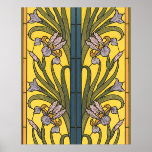 Poster Iris Flower Art Nouveau Padrão De Vidro Obtido