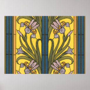 Poster Iris Flower Art Nouveau Vidro Estampado Azul Doura