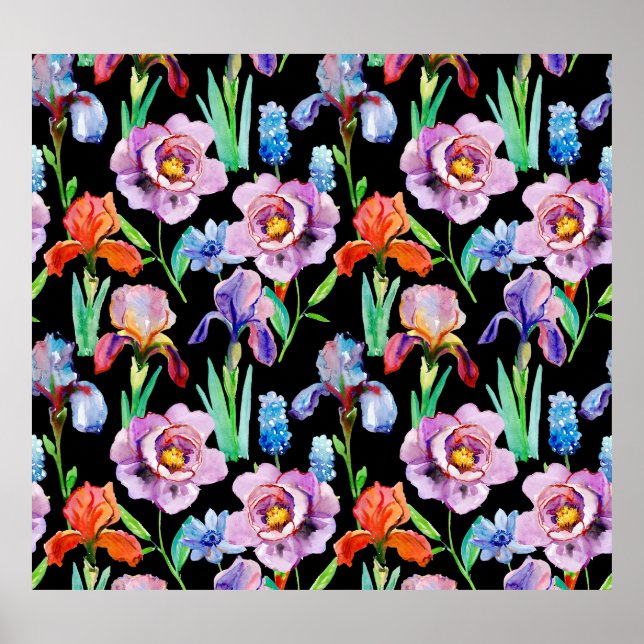 Poster Iris Peony Watercolor Padrão Floral (Frente)