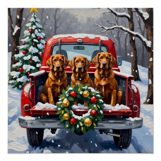 Pôster Irish Red Setter Christmas Red Truck Holiday (Frente)