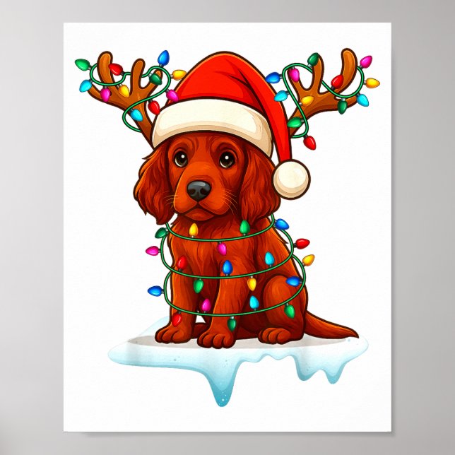 Poster Irish Setter Christmas Santa Hat Reindeer Lights P (Frente)