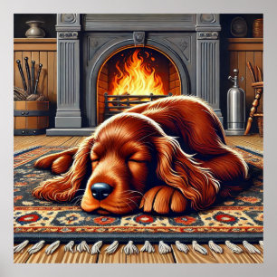 Poster Irish Setter Puppy Dormindo por uma Lareira quente