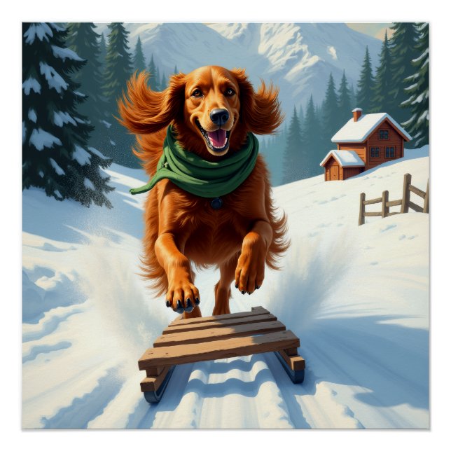 Pôster Irish Setter Sledding Adventure Christmas Painting (Frente)