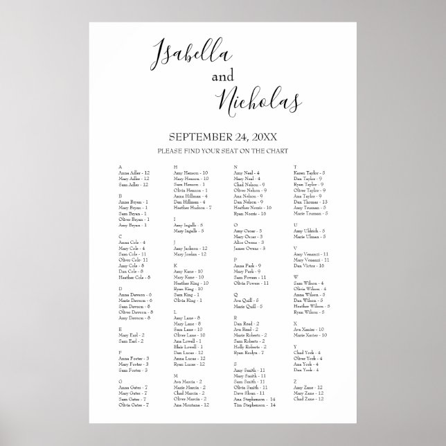 Poster Isabella Elegant Alphabetical Seating Chart (Frente)