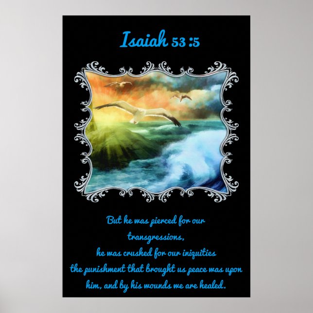 Poster Isaiah 53:5 Com gaivotas voando sobre o mar aberto (Frente)