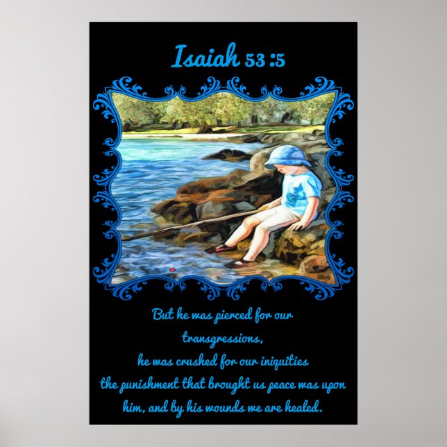 Poster Isaiah 53:5 Menino pescando no rio. (Frente)