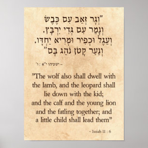 Poster Isaiah's Wolf and Lamb Prophecy  Hebrew - English
