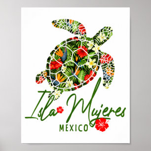 Poster Isla Mujeres México Tartaruga Marinha Hibisco Trop