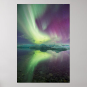Pôster Islândia, Jokulsarlon. Luzes da Aurora Reflectidas