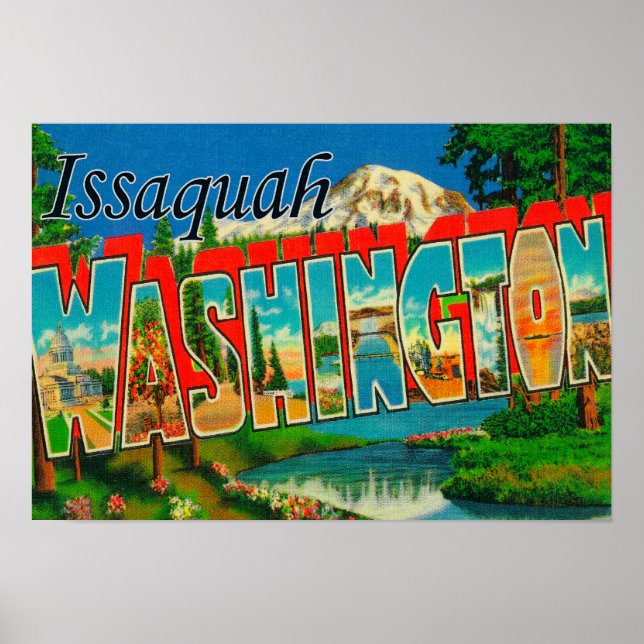 Pôster Issaquah, Washington - Cenas com Letras Grandes (Frente)