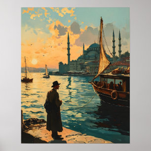 Poster Istambul: Mesquita Azul e Cartaz Vintage Bósforo