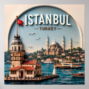 Poster Istambul Turquia Bósforo Cidade Histórica Viagem