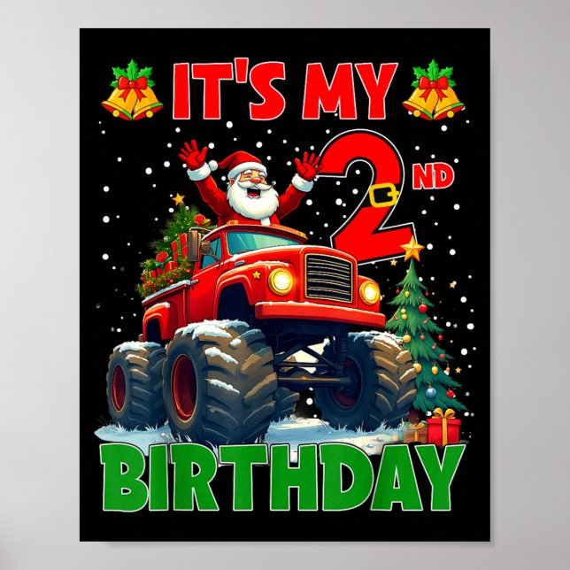 Poster It’s My 2nd Birthday Xmas Santa Monster Truck Chri (Frente)