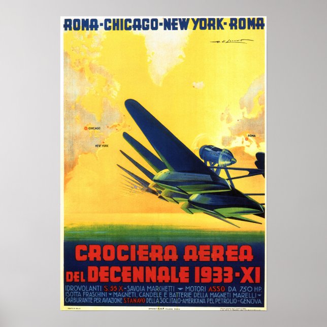 Poster ITÁLIA, 1933, DECENNIAL AIR CRUISE Vintage Aviatio (Frente)