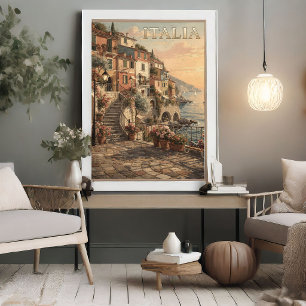 Poster Itália Romântica Vila Costeira Viagem Vintage
