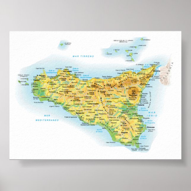 Poster Itália - Sicília - Mapa da Sicília - (Frente)
