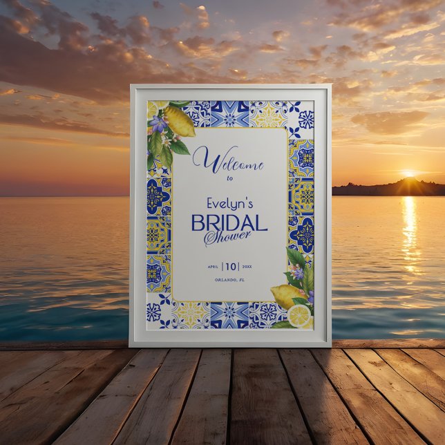 Poster Italian Mosaic Blue Tile & Lemons Bridal Shower (Criador carregado)