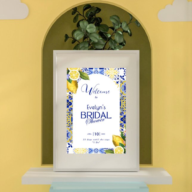 Poster Italian Mosaic Blue Tile & Lemons Bridal Shower (Criador carregado)