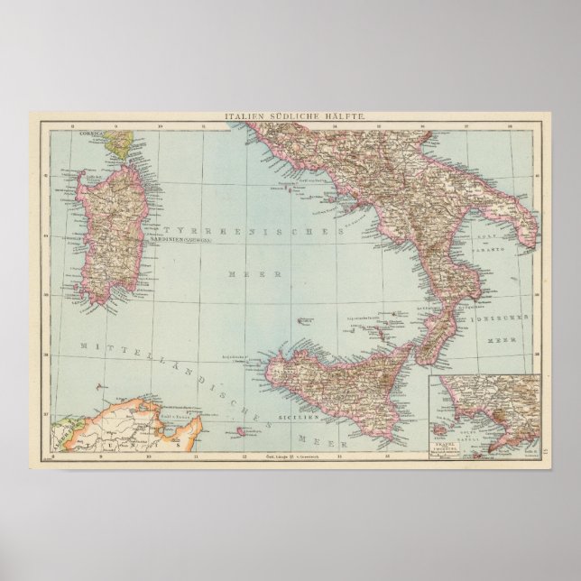 Pôster Italien sudliche Halfte, Mapa do Sul de Itália (Frente)