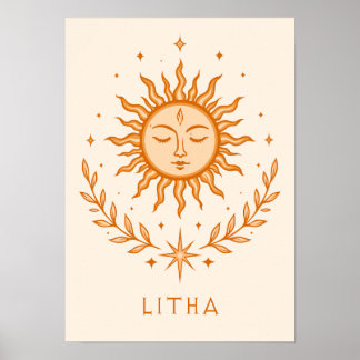 Poster itha Celestial Sun Face Botanical Wreath Art