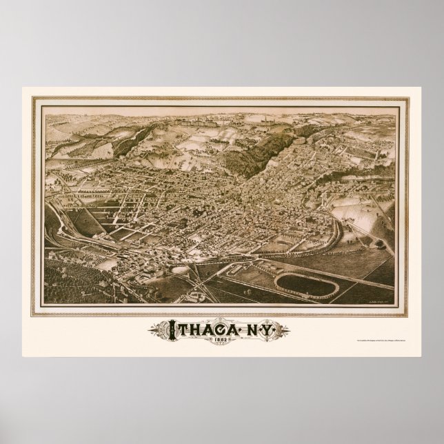 Pôster Ithaca, Mapa Panorâmico NY - 1882 (Frente)
