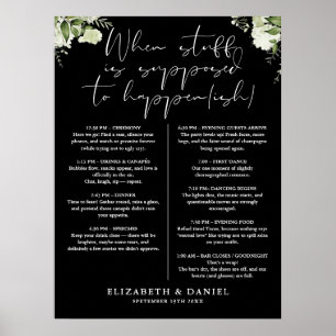 Poster Itinerário de Casamento Floral Verde e Preto e Bra