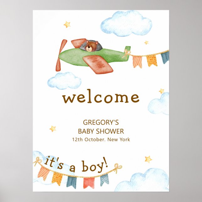 Poster It's A Boy Bear Airplane Sky Baby Shower Welcome (Frente)