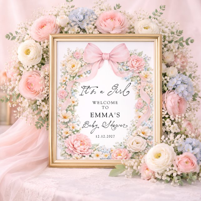 Poster It's a Girl Pink Bow Garden Baby Shower Welcome (Criador carregado)