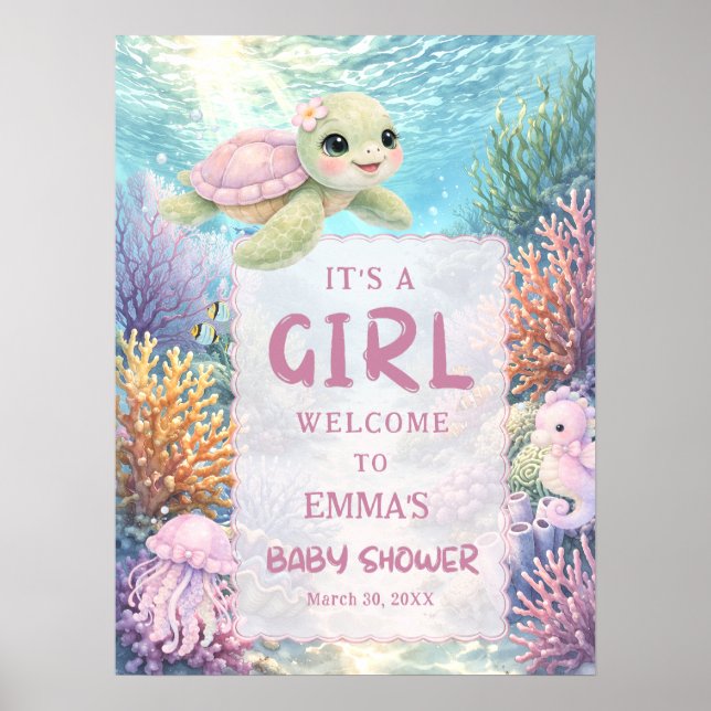 Poster It's a Girl Sea Turtle Baby Shower Welcome (Frente)