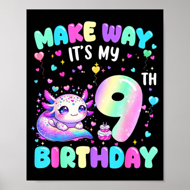 Poster It's My 9th Birthday Girl Cute Axolotl 9 Year Old  (Frente)