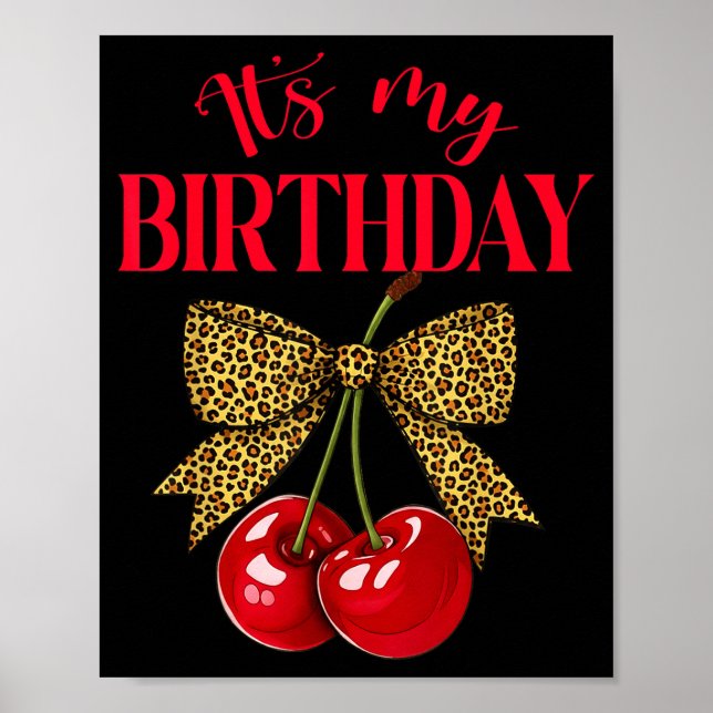 Poster It's My Birthday Cute Cherry Leopard Coquette Bow  (Frente)