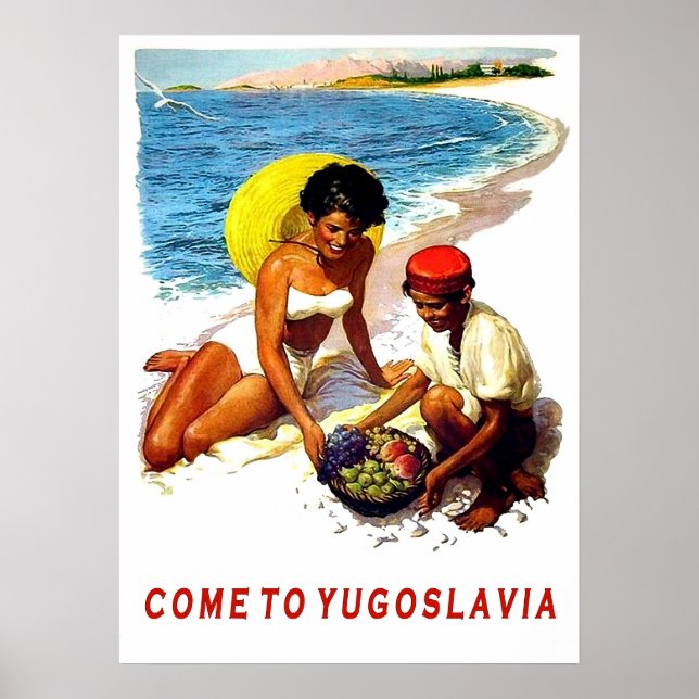 Poster Iugoslávia, mulher na praia com vendedor de frutas (Frente)