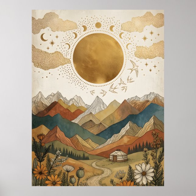 Poster Iurte Boho Celestial Fase Lunar Montanha (Frente)