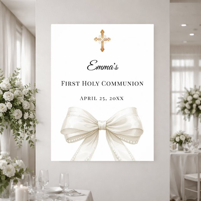 Poster Ivory bow pearls First Holy Communion welcome (Criador carregado)