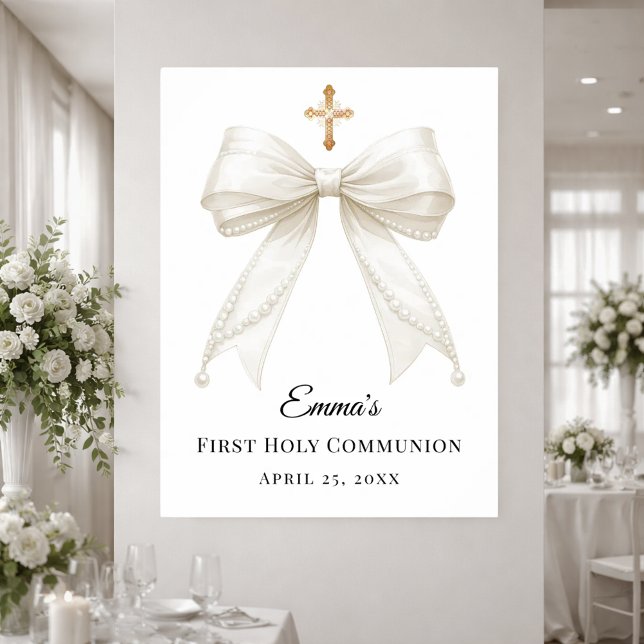 Poster Ivory bow pearls First Holy Communion welcome (Criador carregado)