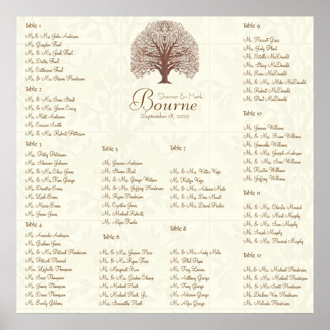 Poster Ivory Brown Swirl Tree with Birds Seating 12 Mesas (Frente)