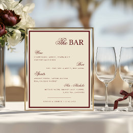 Poster Ivory & Burgundy The Wedding Bar Drink Menu Sign