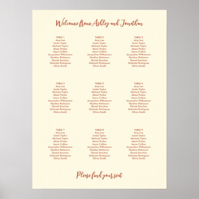 Poster Ivory Cream Terracotta 9 Table Seating Chart (Frente)