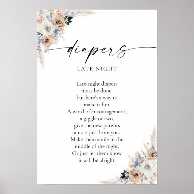 Poster Ivory E Blue Boho Chá de fraldas Floral (Frente)