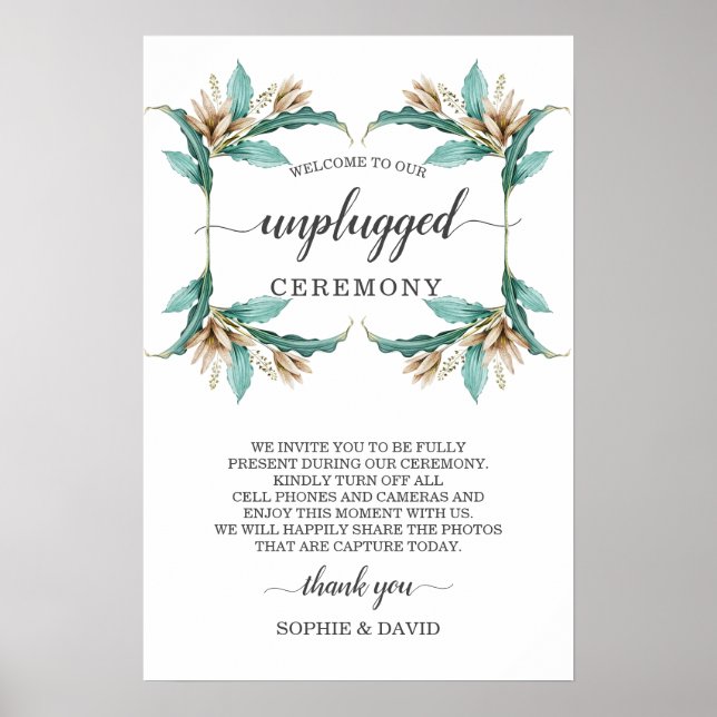 Poster Ivory Mint Floral Unplugged Wedding Ceremony Sign (Frente)