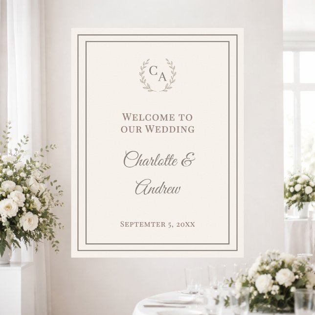 Poster Ivory taupe monogrammed elegant wedding welcome (Criador carregado)